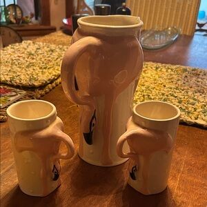 Hand-Painted Pink Flamingo Ceramic Pitcher and Tumbler Set